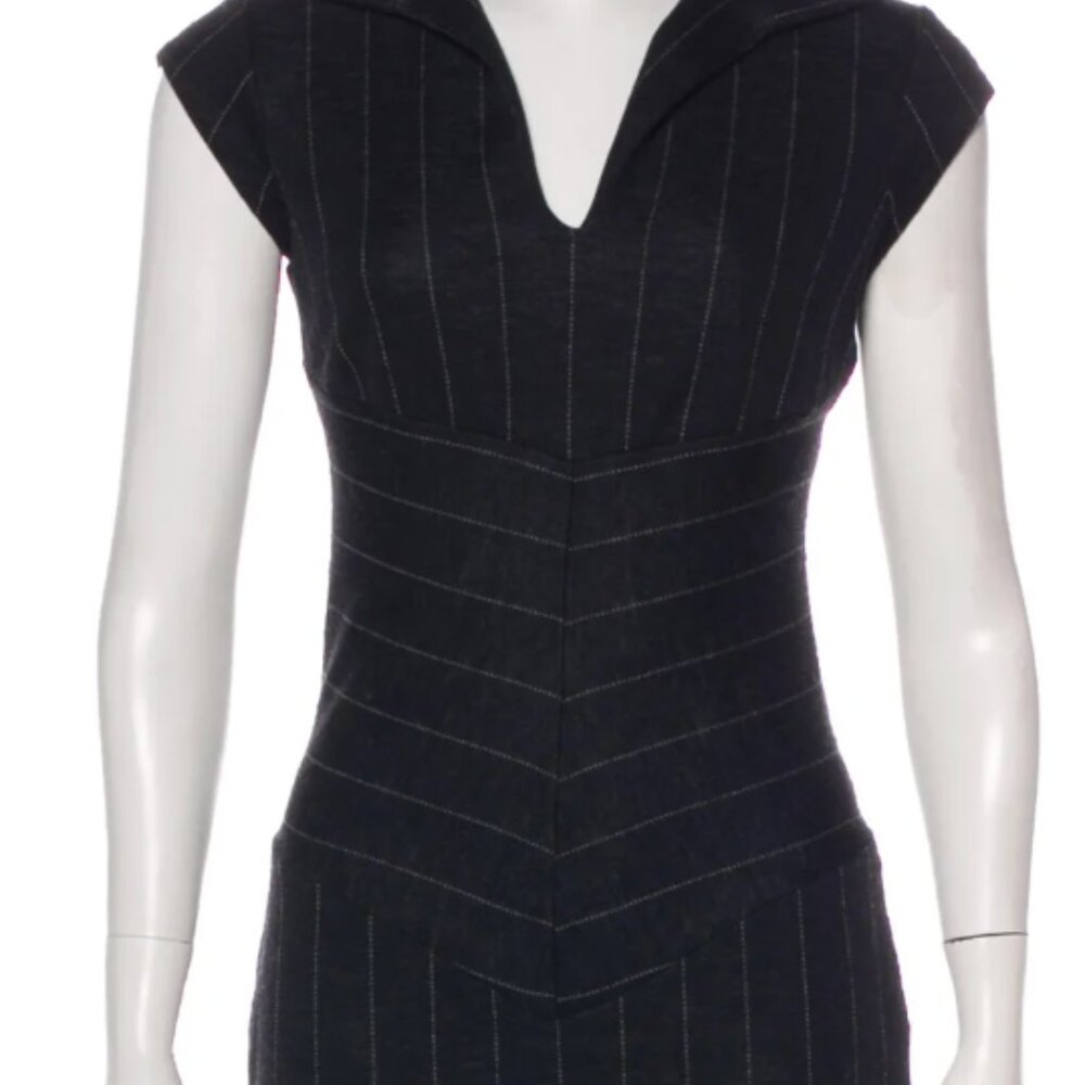 Diane von Furstenberg Shanglil Black Pinstripe Wool Cap-Sleeve Midi Dress